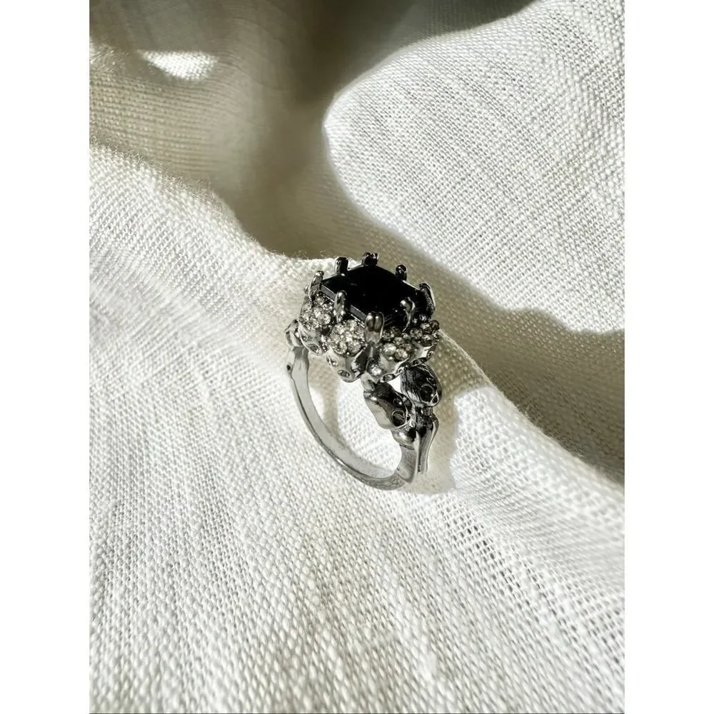 Black Onyx cubic zirconia Halloween skull cocktail ring